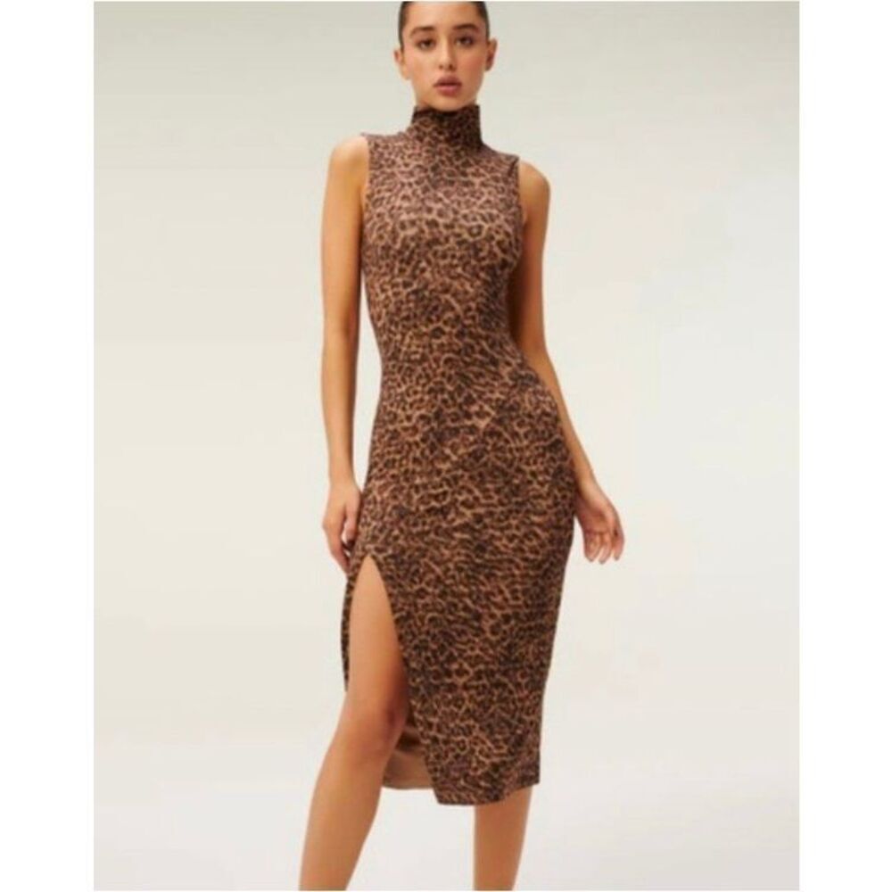 Good American Cheetah Sleeveless Bodycon Midi Dress With Slit Sz 2 (M) #800